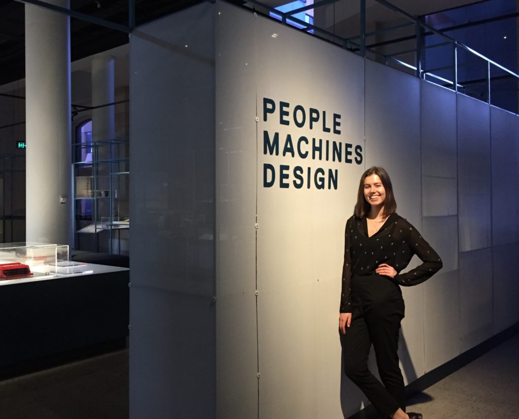 Kimberley Bezuidenhout at the entrance to the 'Interface: people, machines, design' exhibition